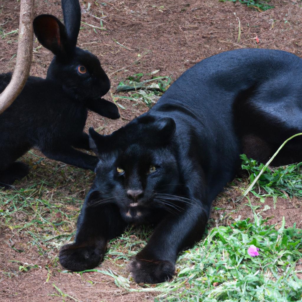 The rabbit and the panther display mutualistic behaviors, such as grooming and playing, that strengthen their bond and foster a symbiotic relationship.