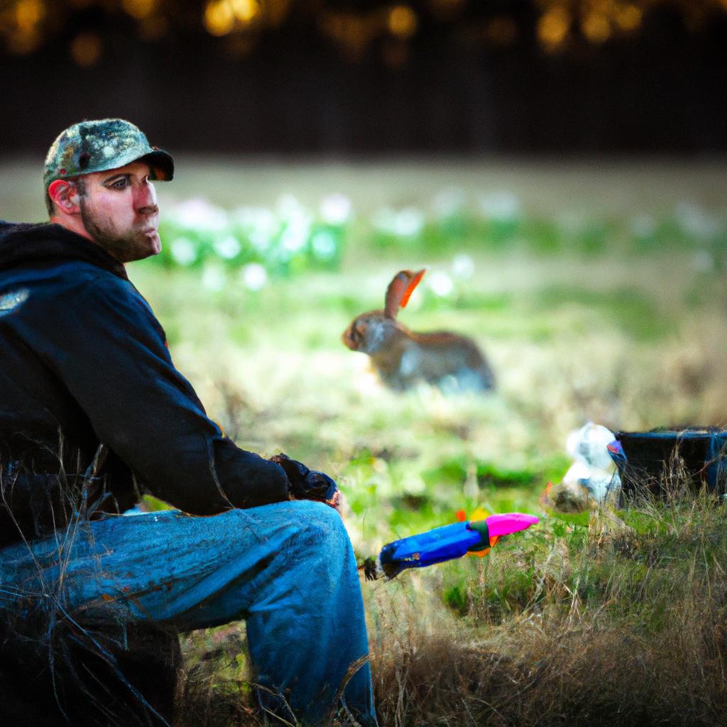 A hunter targeting a rabbit with a BB gun