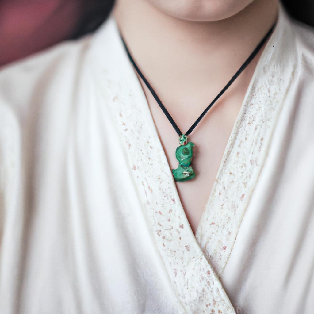 A stunning jade rabbit necklace paired with a traditional Chinese dress, perfect for celebrating the Year of the Rabbit.