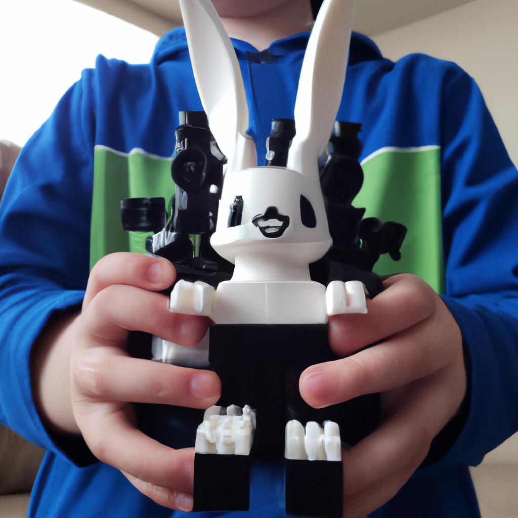 The joy of building and completing the Oswald the Lucky Rabbit Lego set is evident on this child's face.