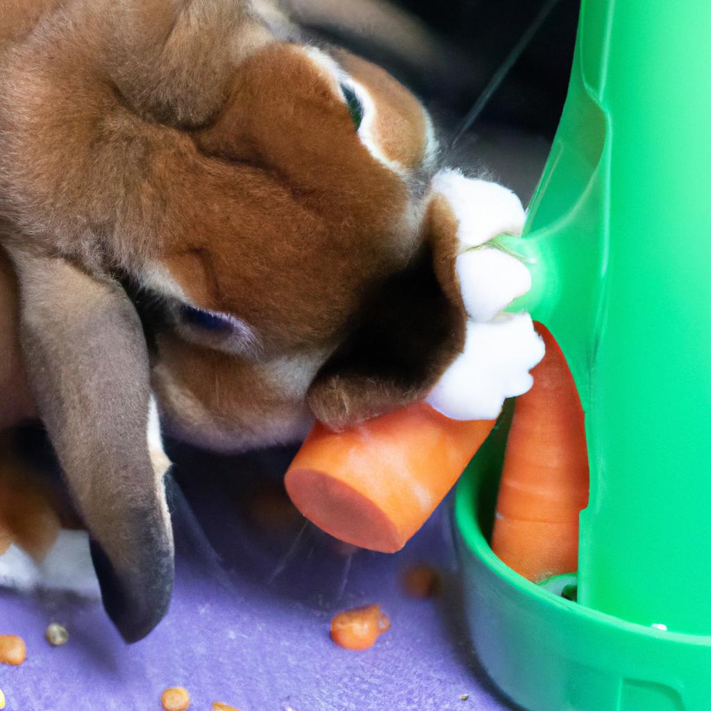 The furious rabbit destroys the carrot feeder in a fit of rage.