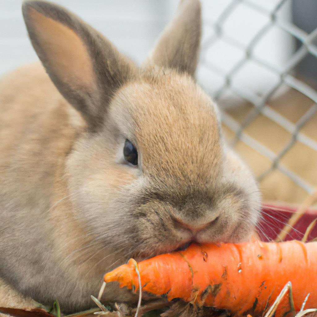 The content rabbit enjoys its meal from the convenient carrot feeder.