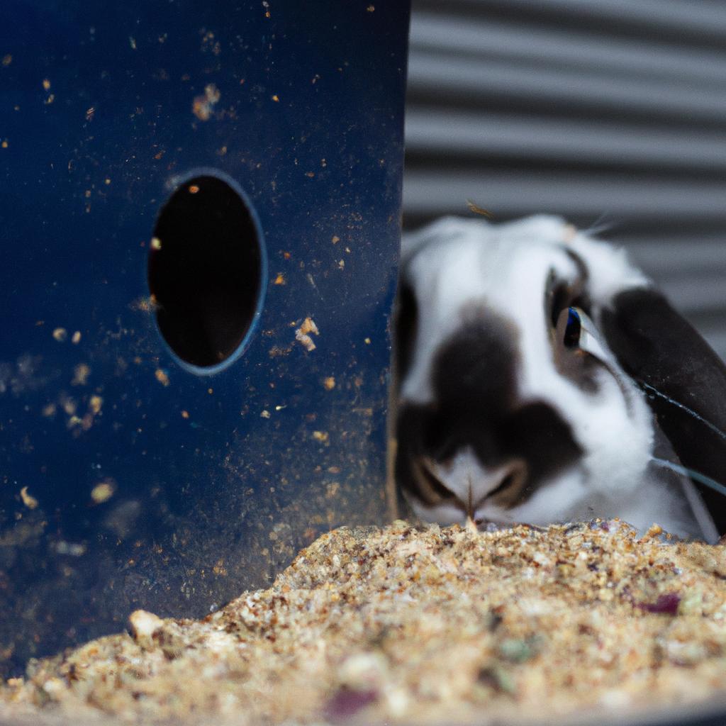 This curious rabbit loves exploring its hay feeder with litter box and feels safe and secure inside.