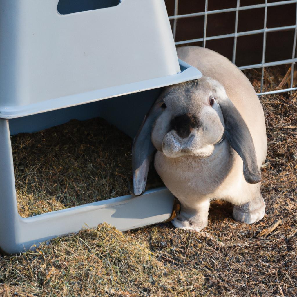 This rabbit is enjoying a healthy meal from its hay feeder with attached litter box for easy and convenient cleanup.