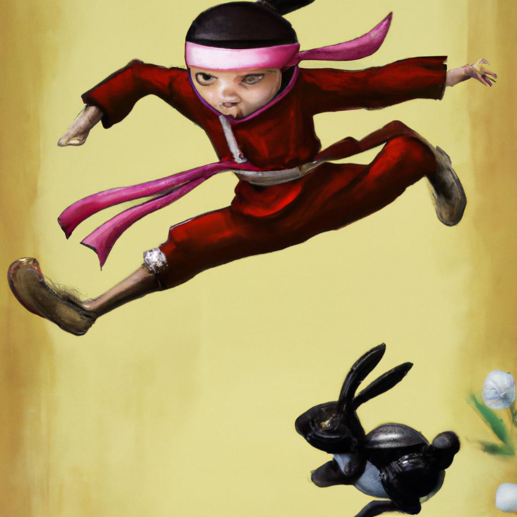 The ninja's swift and powerful kick takes the rabbit by surprise.