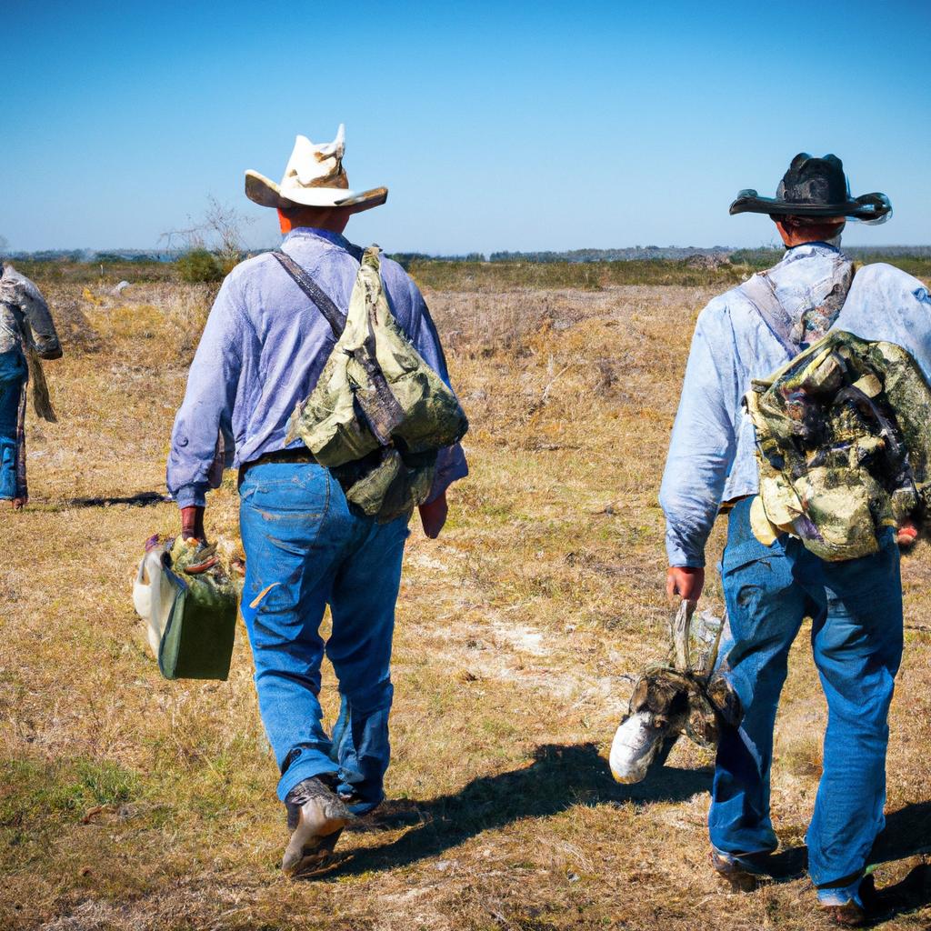 A group of hunters pose for a photo after a successful rabbit hunting trip in Texas.