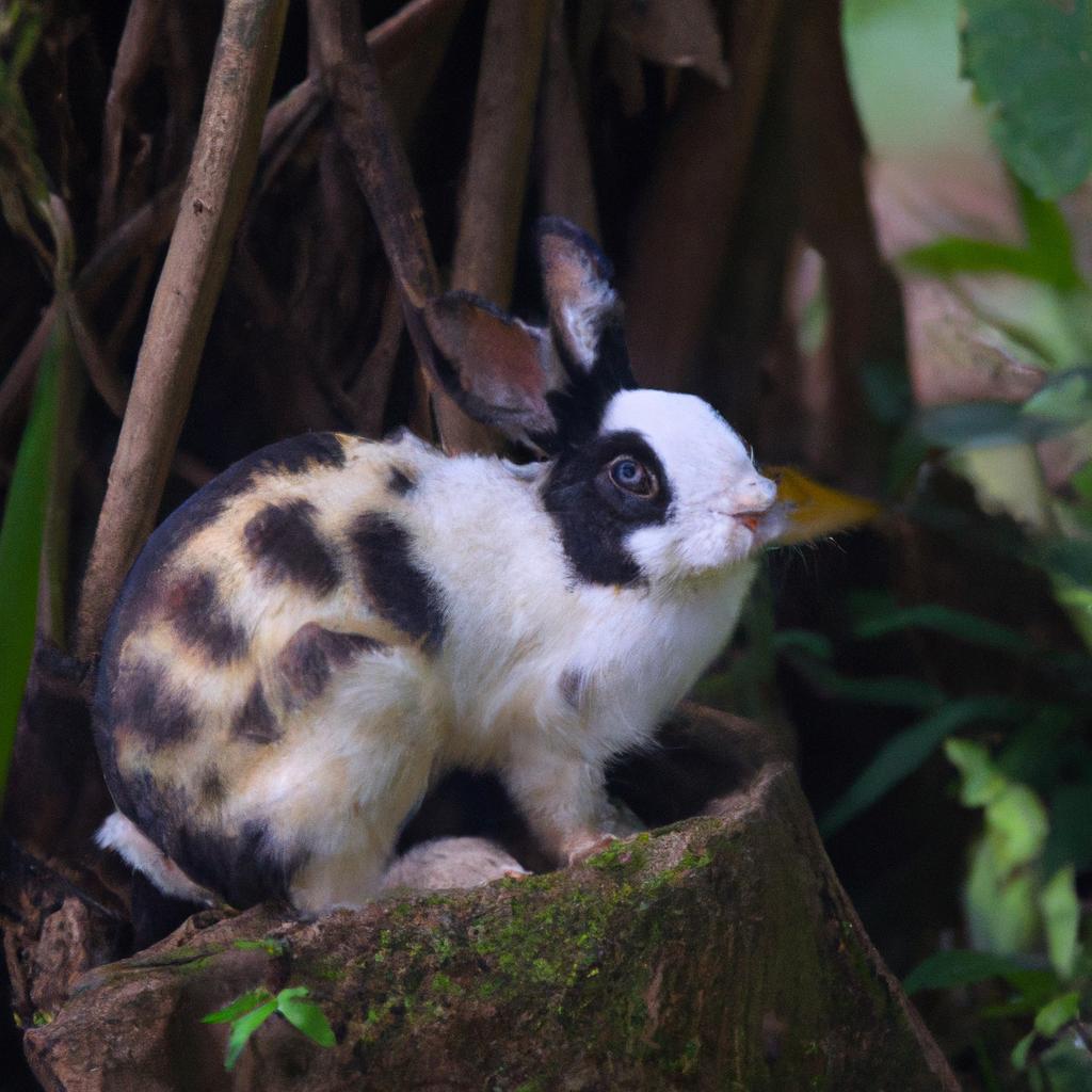 The spotted coat of this tropical rabbit look alike helps it to blend in with the dappled sunlight of its forest home.