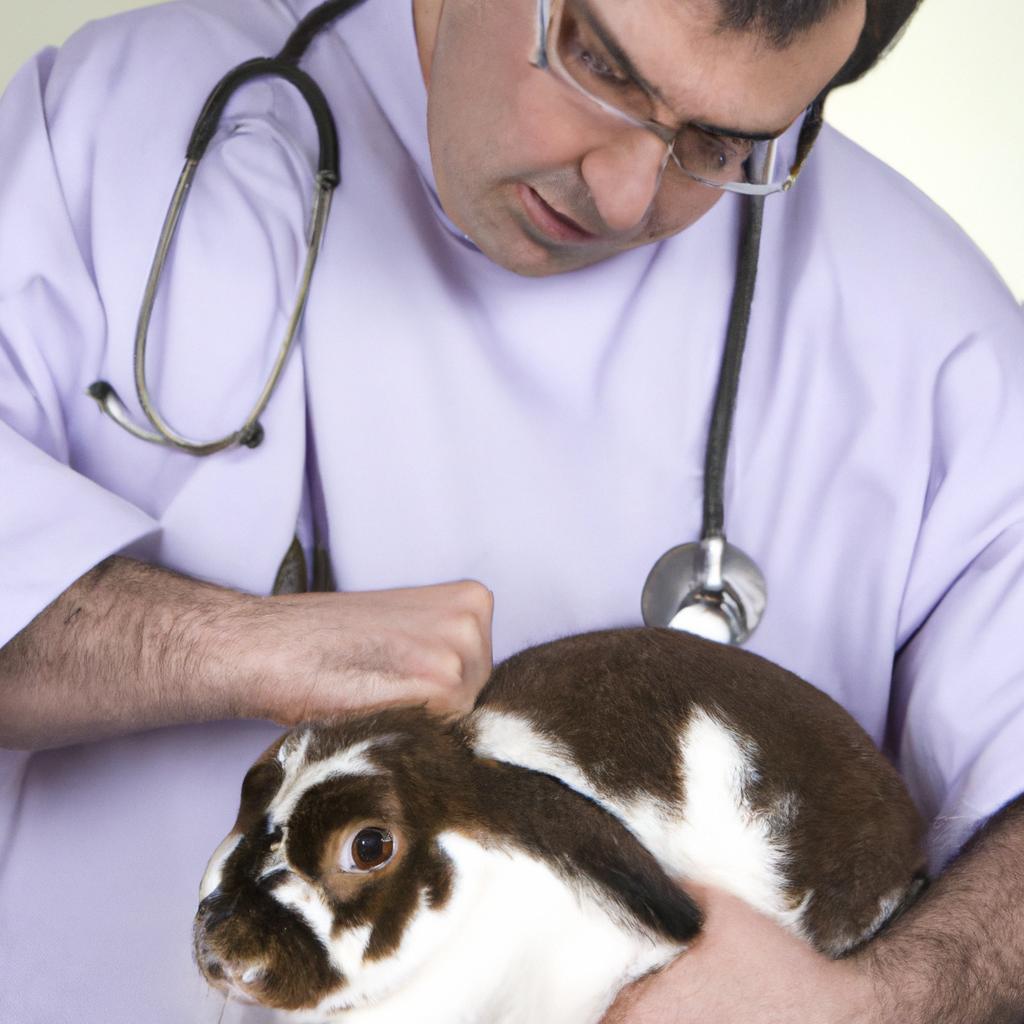 A veterinarian carefully checks a rabbit's physical condition while listening to its distress calls
