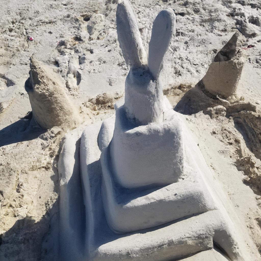 A stunning sandcastle that captures the imagination with its friendly rabbit tower of fantasy design.